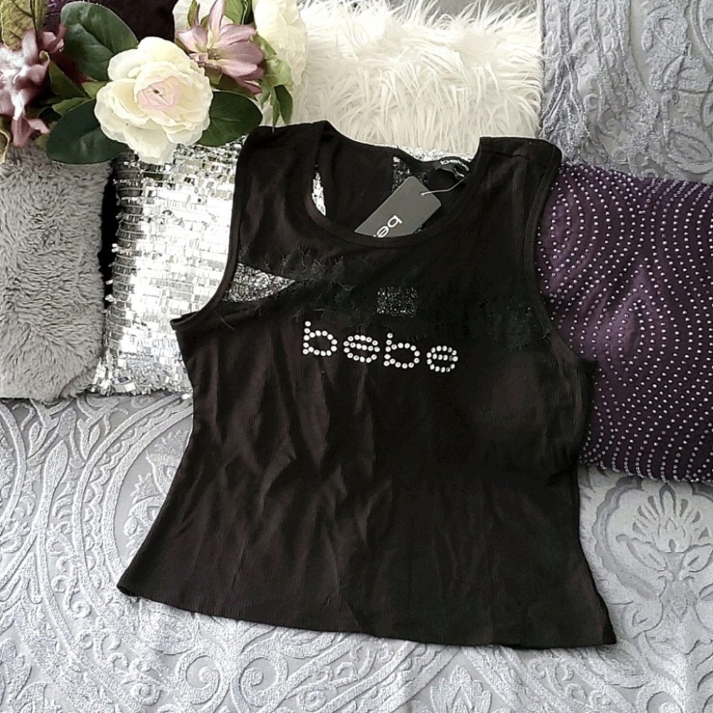 Bebe black ribbed tank top with lace
